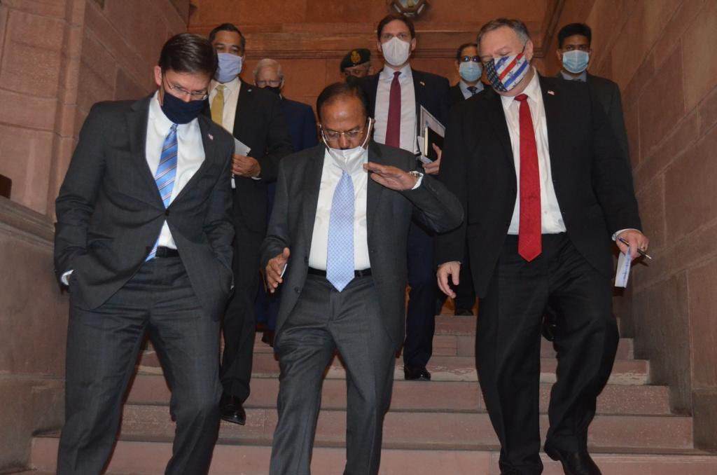 SumitDefence's tweet image. #2Plus2 
#IndiaUS 
Ajit Doval had a very constructive meeting with US Secy of State @SecPompeo and US Secy of Defense @EsperDoD at South Block.