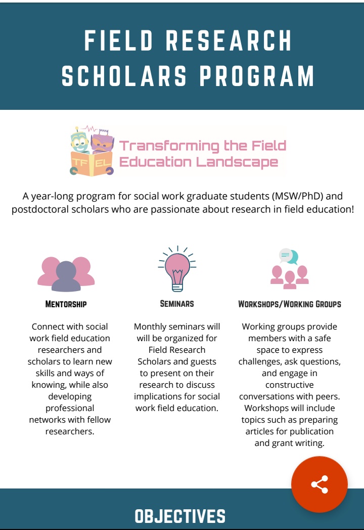 Assowkknust's tweet photo. FIELD RESEARCH SCHOLARS PROGRAM

A year-long program for #socialwork graduate students (MSW/PhD) and
postdoctoral scholars who are passionate about research in field education!

Apply by submitting the following to ( tfelproject@gmail.com ):

#fieldresearch https://t.co/GnK2dPjSFp