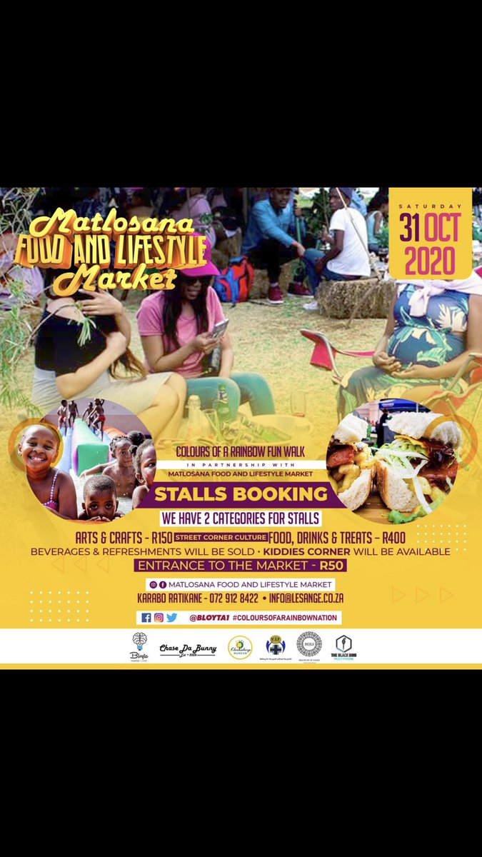 MotlatlaPontsho's tweet photo. Join Us This Saturday in @klerksdorp for the Colours Of A Rainbow Nation FunWalk and Matlosana Food and Lifestyle Market. Food and beverage will be sold, come ready and prepared to have a whole dayβs fun withthe entire family
@bloyta1 @KLDlifestyle
#CORN2020
#PutSouthAfricaFirst https://t.co/g0O2RqQK4p