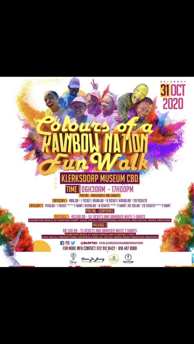 MotlatlaPontsho's tweet photo. Join Us This Saturday in @klerksdorp for the Colours Of A Rainbow Nation FunWalk and Matlosana Food and Lifestyle Market. Food and beverage will be sold, come ready and prepared to have a whole dayβs fun withthe entire family
@bloyta1 @KLDlifestyle
#CORN2020
#PutSouthAfricaFirst https://t.co/g0O2RqQK4p