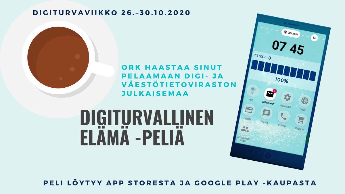 ORK osallistuu #digiturvaviikko’on haastamalla työntekijöitään pelaamaan DVV:n Digiturvallinen elämä -peliä. Pelin voi ladata AppStoresta tai Google Play -kaupasta. Pelaa sinäkin! #digiturva #töissäORKssa