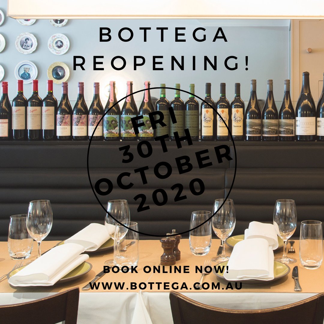 BottegaMelb's tweet photo. We made it Melbourne! Bottega is reopening on Fri 30th Oct!
Bookings are now live on the website.
Thank you for your love & support over the past few months & we can't wait to see your faces again!
.
.
.
#bottega #CBDdining #melbourne #italian #ISOoverit #postISOdining https://t.co/H9m9B37HiC