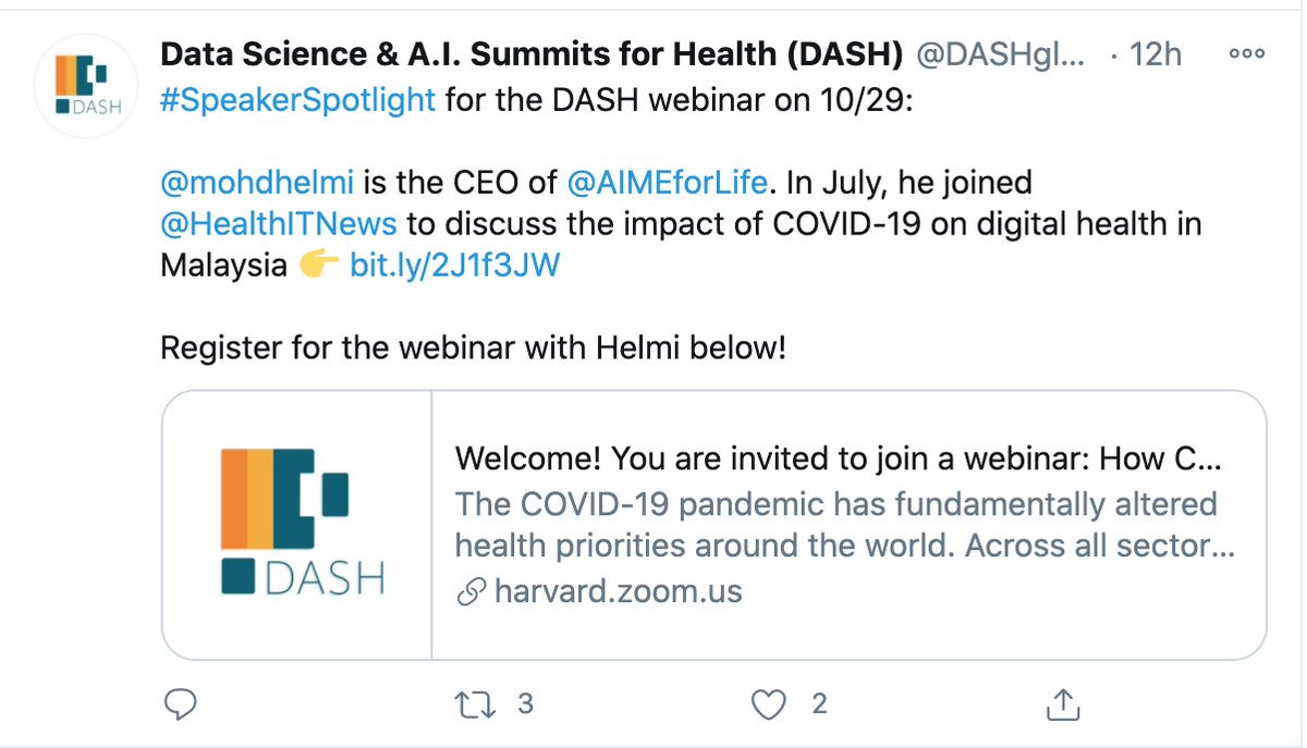 Didn't realize this gonna create a lot of tractions .Can I humbly invite everyone interested to hear of a Malaysian work in Digital Epidemiology, featured in Harvard-Global Health DASH Forum this coming Thursday.Links below for registration : https://twitter.com/DASHglobalAI/status/1320784100245049344