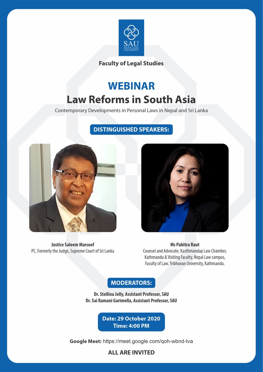 South Asian University (@southasianuni) on Twitter photo Faculty of Legal Studies, <a href="/SouthAsianUni/">South Asian University</a> organises a webinar - Law Reforms in South Asia: Contemporary Developments in Personal Laws in Nepal & Sri Lanka on 29 Oct 2020. Google Meet link is given here. #UpcomingEvents #SAUEvents Faculty of Legal Studies, <a href="/SouthAsianUni/">South Asian University</a> organises a webinar - Law Reforms in South Asia: Contemporary Developments in Personal Laws in Nepal & Sri Lanka on 29 Oct 2020. Google Meet link is given here. #UpcomingEvents #SAUEvents