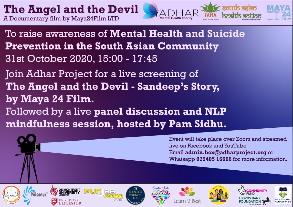 SAHealthAction's tweet photo. Join @AdharProjectUK @MayaSinharathna @SandeepSaib @kmistryuk @pam_sidhu @LeicsPCC @TNLComFund @LBFEW @Punjab2000music @smita_joshi @dmuleicester @Learn2Rest @uniofleicester for screening of the Angel and the devil #MentalHealthAwareness #southasiancommunities #SuicidePrevention https://t.co/EAMxcXw7ZM