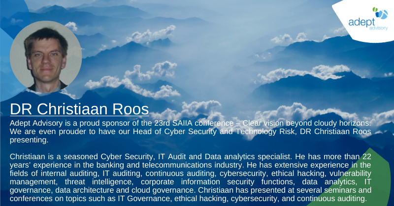 Don’t miss Dr Christiaan Roos presenting at the IIA Conference on Day Two: Track 2 on the subject of: ‘Internal Audit must respond by using data and technology - through automation and robotics.”