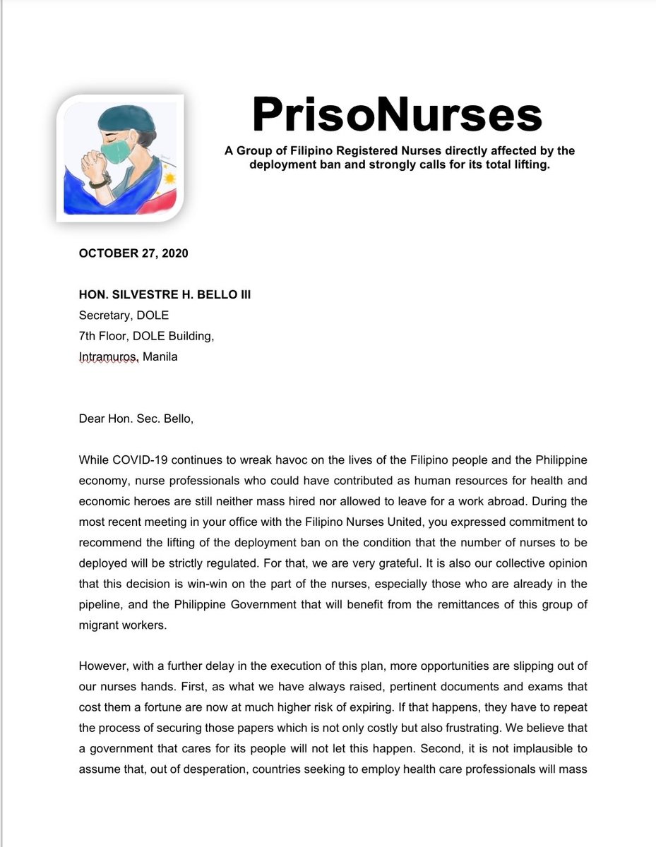 prisonurses's tweet photo. PrisoNurses Letter to Sec.@bebotbello and Admin Olalia re Total Lifting of Deployment Ban https://t.co/DZZ1B3Nrft