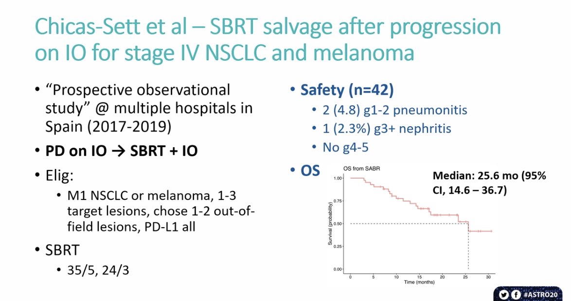 OncoRod's tweet photo. 🇪🇸Spanish experience in IO+SABR, our results!! @delvysra @goecp1 @SEOR_ESP 
Prospective study of IO-SABR in PD to anti-PD-1 on S-IV NSCLC &amp; melanoma
Great presentation @ZafraMD 

✅safety - No >G3
✅ORR 40%
⬆️OS 25.6 m
⬆️PFS 12 m
➡️time to new systemic line - 18m

#astro20 #lcsm https://t.co/x2BXyFPD50