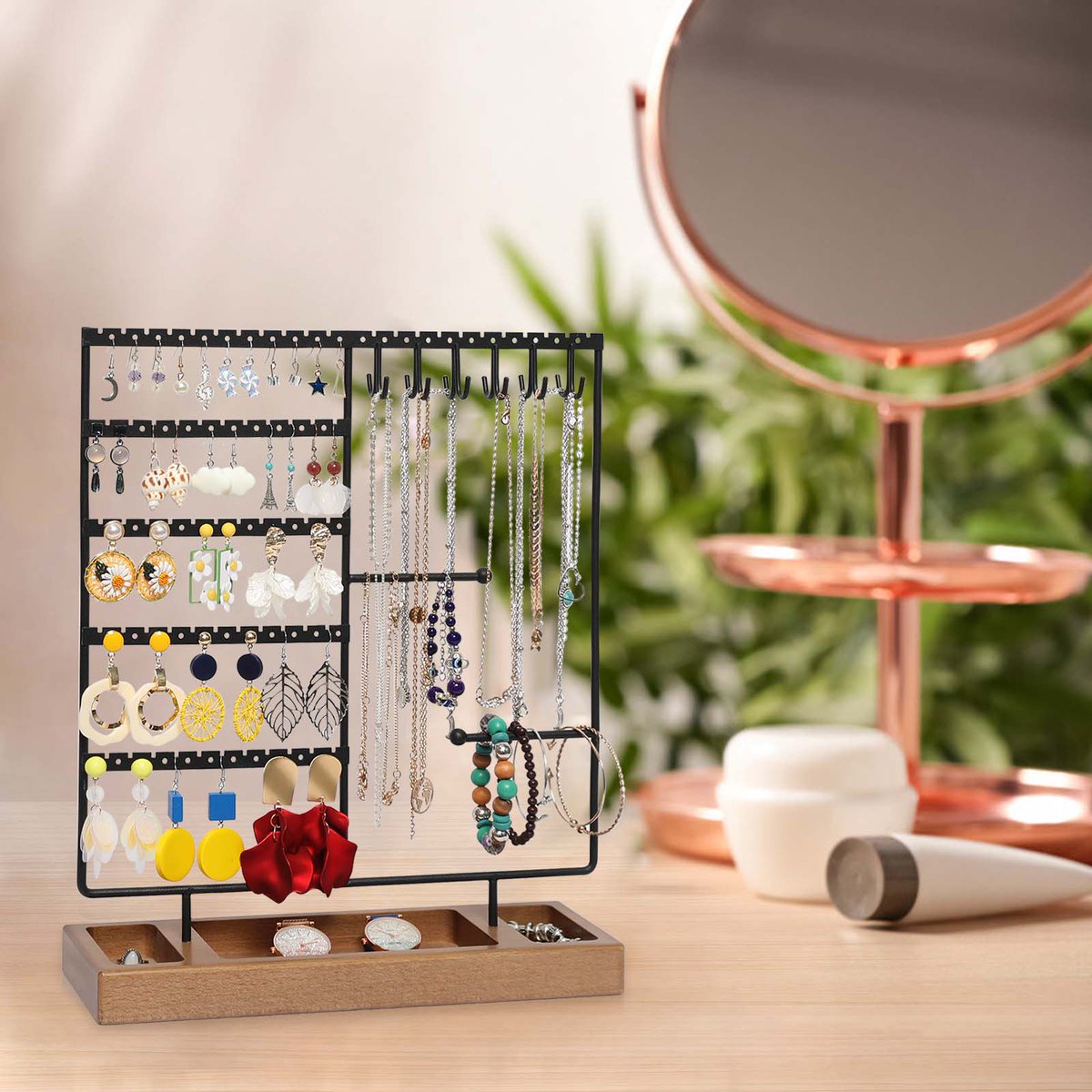 cosrack's tweet photo. X-cosrack Earring Holder,5-Tier Ear Stud Holder with Wooden Tray,Jewelry Organizer Holder for Earrings Necklaces Bracelets Watches and Rings,Earring Display Stand with 132 Holes,Black :) Welcome to try and test this new arrival. https://t.co/hQ3gDviSji