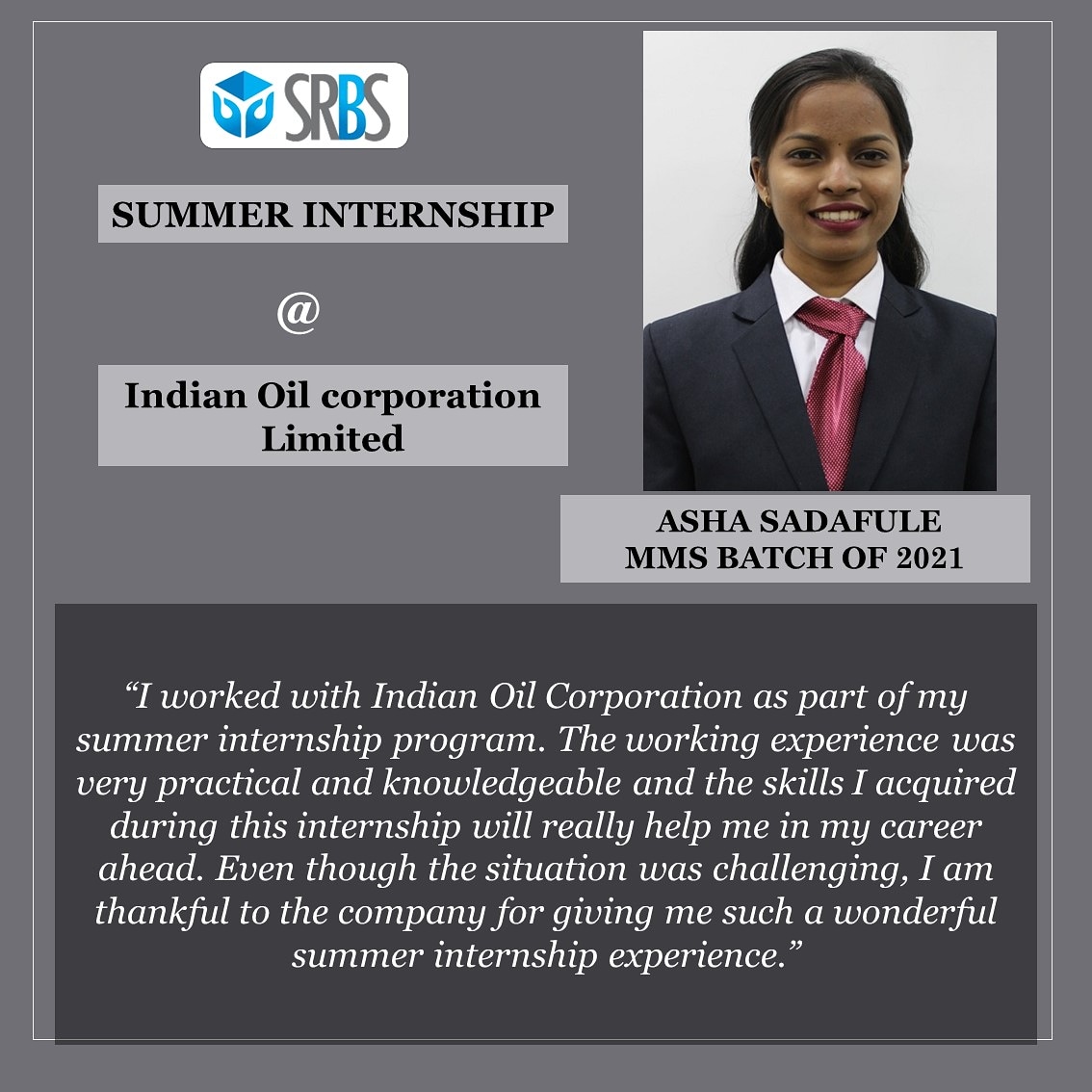 srbs_edu's tweet photo. Read Asha Sadafule's Summer Internship Experience at Indian Oil Corp Limited
.
.
.
.
#srbs #sgrfoundation #rahejaacademia #oilcorpation #internship #experience #knowledge #skills #career https://t.co/5RlrifaoSe