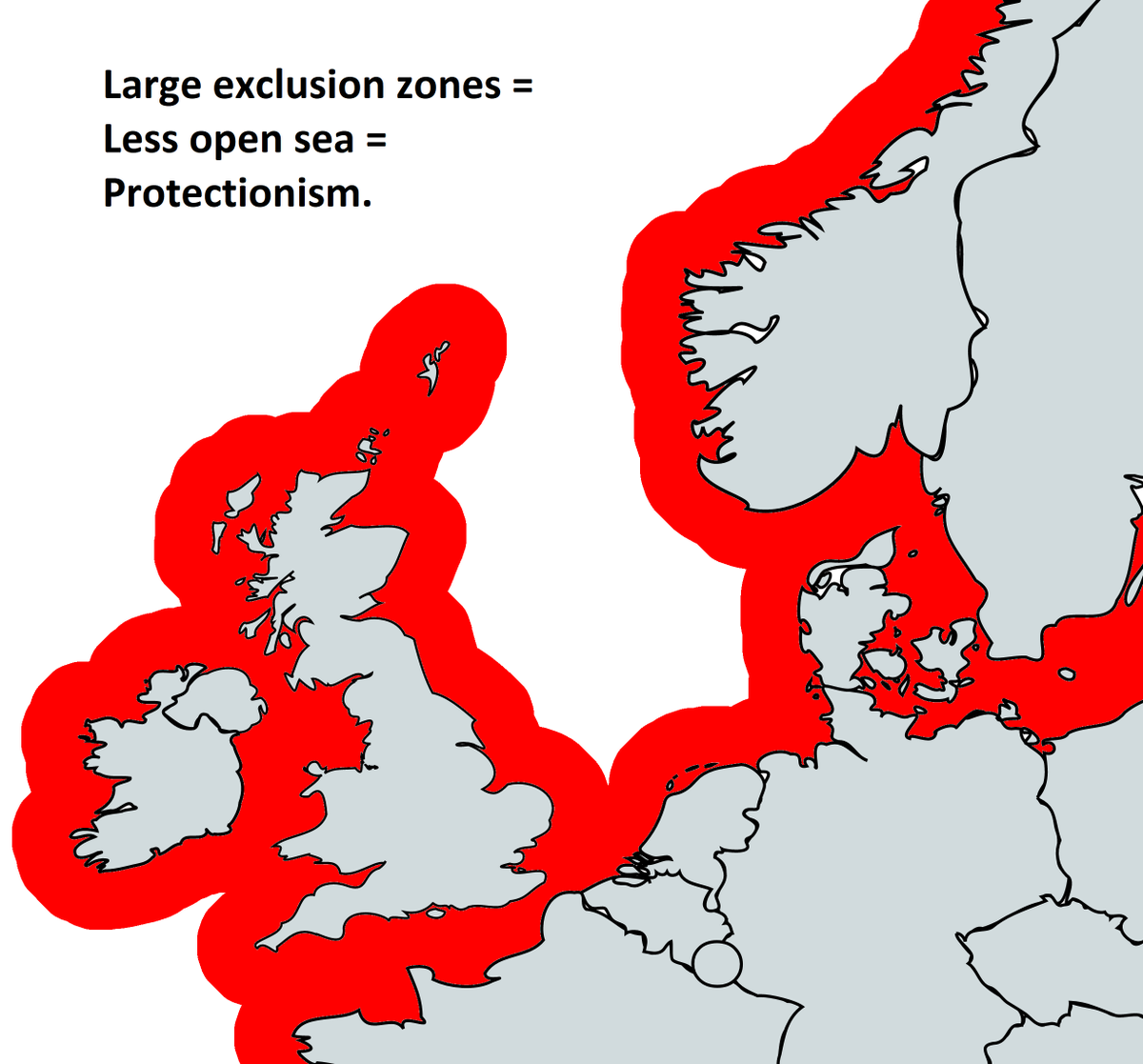 2. Fishing limits are a protectionist trade off between In-shore fishing deep sea fishing. The bigger the exclusion zone countries set for in-shore fishing, the more deep sea fishing is impacted.