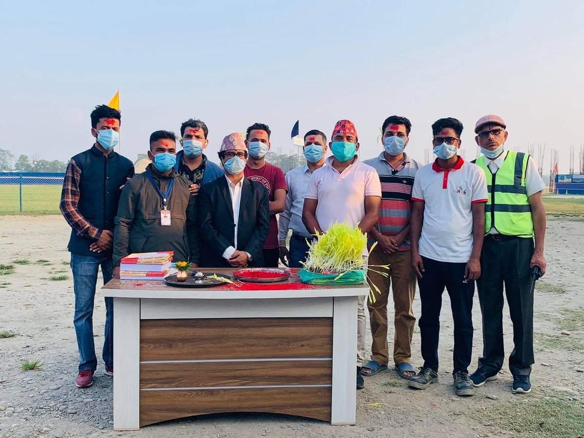 RONBupdates's tweet photo. Sitaram Kattel "Dhurmus" celebrated Dashain Tika with the staffs and workers of his dream project, Lord Buddha Int'l Cricket Stadium. ❤️

Pics. Suresh Timalsina https://t.co/N9DjEivi8Y