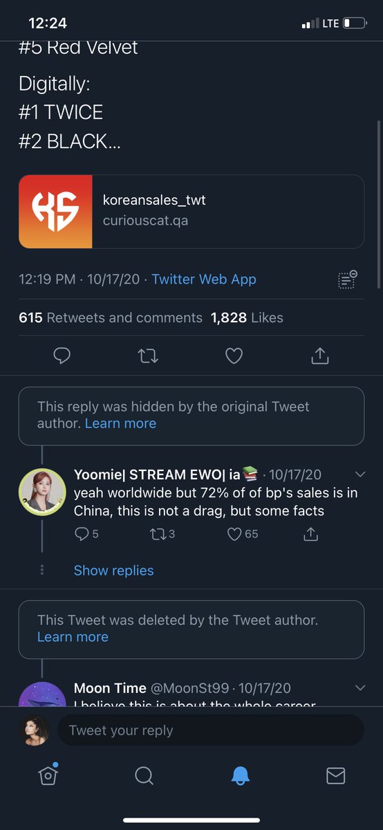 Interesting seeing what tweet they hide and which one they left there.  @koreansales_twt stop using the “I do for all the groups card” it clearly shows you are a Blackpink anti and you never have the same energy with them. This is why you should stick to being a chart acc