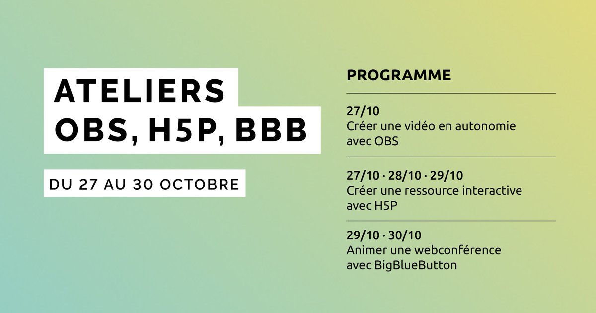 CemuCaen's tweet photo. #Ateliers de présentation et prise en main d'outils pour enseigner à distance en mode asynchrone du 27/10 au 13/11
#OBS #H5P #BigBlueButton #ActivePresenter
⏳ Durée : une heure
👉 Toutes les infos sur https://t.co/OfdwiQE9NT
Le programme de cette semaine ⤵️ https://t.co/IOdmBRZb2k