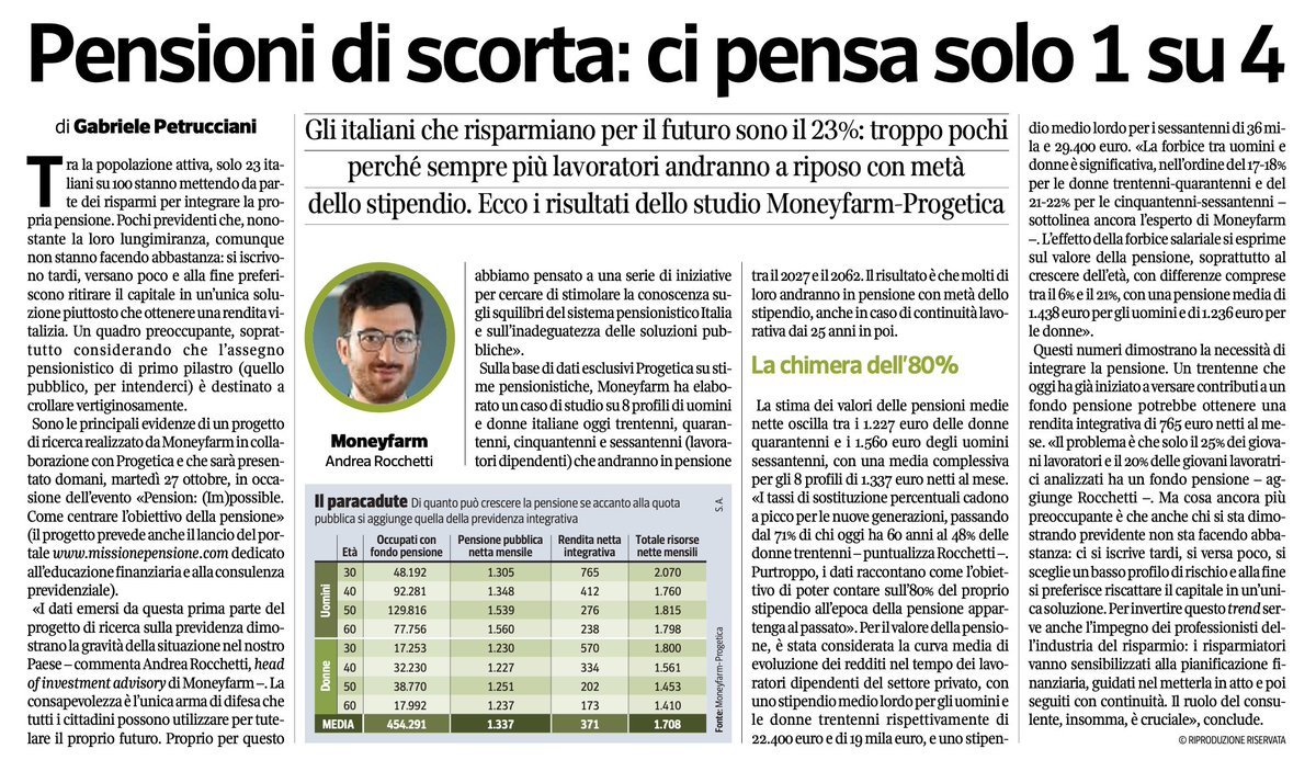 #Pensione su <a href="/L_Economia/">Corriere L'Economia</a> del <a href="/Corriere/">Corriere della Sera</a> la nostra intervista sulle evidenze emerse dalla prima parte del progetto di ricerca in materia previdenziale che stiamo svolgendo insieme a Progetica. Consulta la ricerca su missionepensione.com #previdenza #educazionefinanziaria