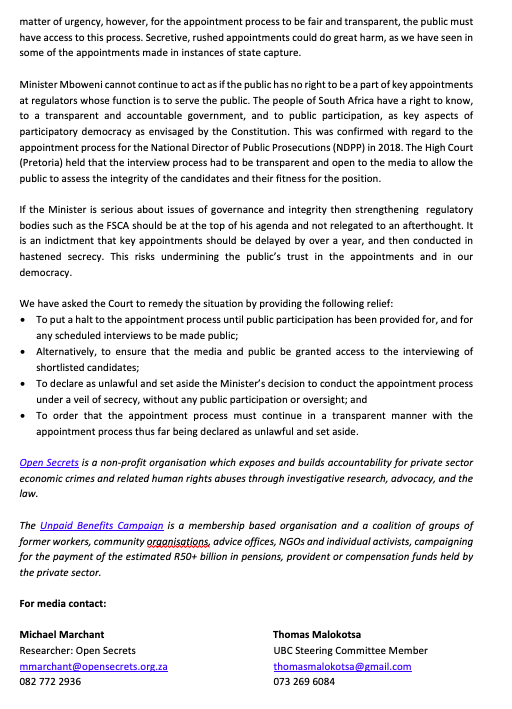Open Secrets and the Unpaid Benefits Campaign (UBC) apply to court to prevent the appointments process for the Financial Sector Conduct Authority (FSCA) from proceeding in secret! bit.ly/31H3nCL