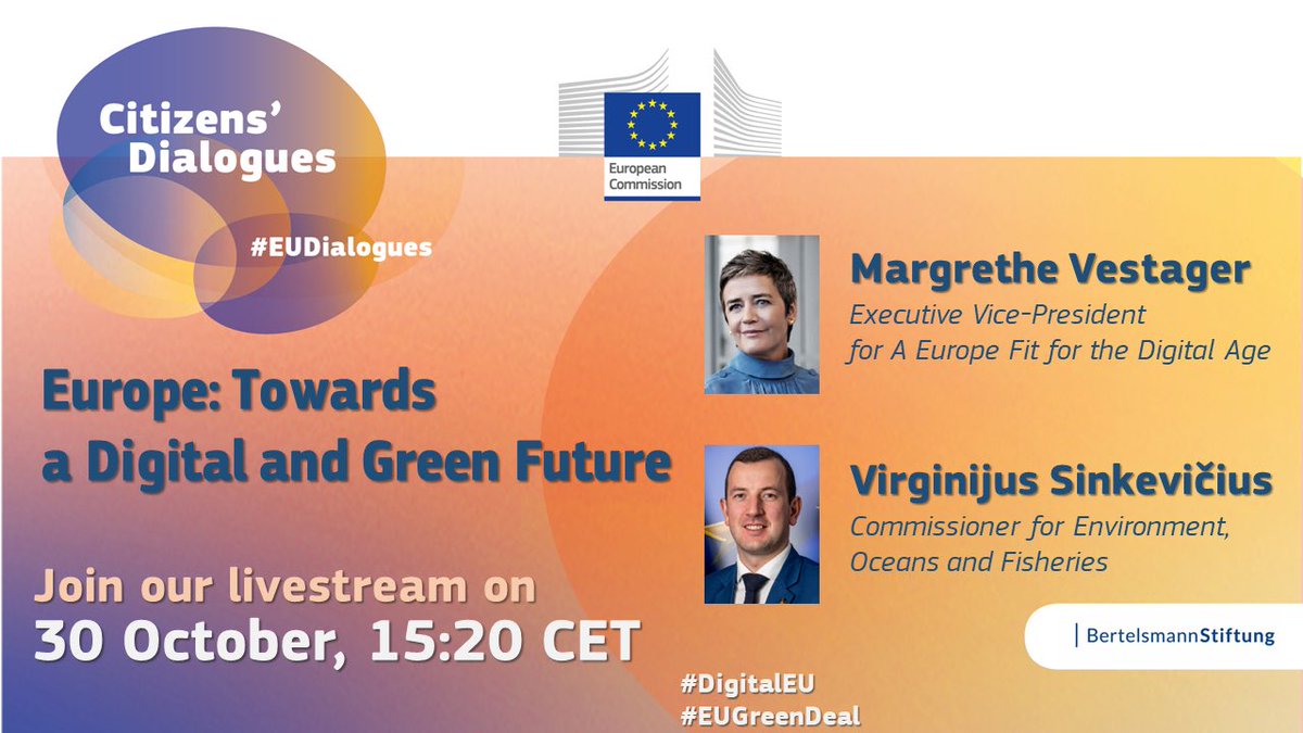 VSinkevicius's tweet photo. 🟣 Delighted to be hosting an online chat 💬 with @vestager on

Europe’s Digital &amp; Green Future 🌱

So bring your mug ☕️ &amp; join us this Friday!

Mark your agendas 📆

✔️30 October, ⌚️15:20 CET

Tune in at @EU_Commission Twitter &amp; Facebook accounts!

Leave your questions below 👇🏼 https://t.co/fBZCN2xC63