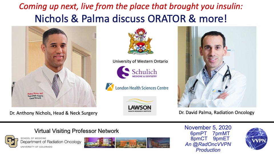 RadOncVVPN's tweet photo. Mark your calendars for an #ASTRO20 after-party with @drdavidpalma and @nicholslab1 as we discuss ORATOR on Nov 5th. DM us for the zoom link if you haven't attended a #VVPN event before! #hncsm https://t.co/PvxTrFeYhj