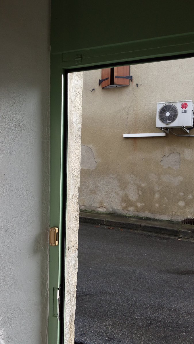 A job for a client in our village, Les Salles Lavauguyon. A sheet of Plywood attached to the back of the front door. A new handle. Then two coats of paint on the front and back. Then a foam drought excluder, around the door frame.