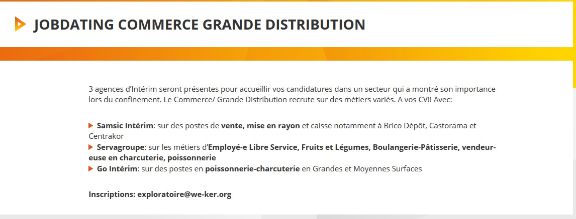 l'Exploratoire (@explo_rennes) on Twitter photo Pourquoi pas un job dans le #commerce et la grande distribution? 3 agences d'intérim vous proposent des offres et c'est le 17/11 de 14h à 15h30 à l'Exploratoire!!
Inscriptions: exploratoire@we-ker.org Pourquoi pas un job dans le #commerce et la grande distribution? 3 agences d'intérim vous proposent des offres et c'est le 17/11 de 14h à 15h30 à l'Exploratoire!!
Inscriptions: exploratoire@we-ker.org