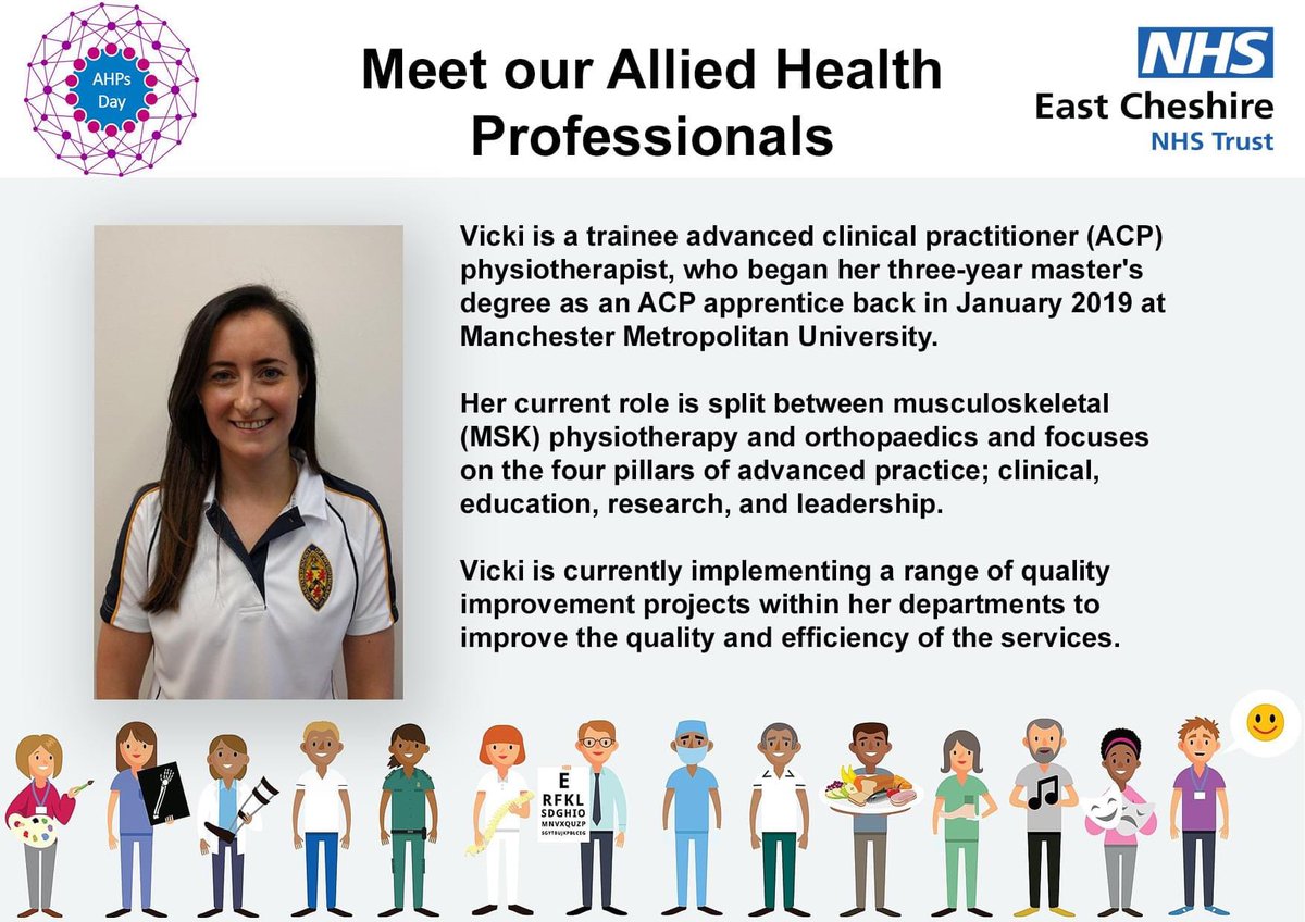 ECTTherapies's tweet photo. Meet Vicki, our trainee Advanced Clinical Practitioner @MMUPhysio who is working hard @EastCheshireNHS to improve services in Physiotherapy and Orthopaedics. Another of our valued #AHP team https://t.co/68gtYGrowg