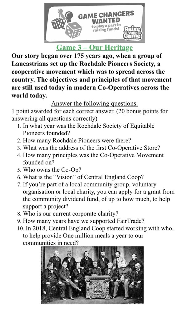 Bentley Heath are heading back to where it all began for Game #3 (Our Heritage) as we test the teams Co-Operative knowledge! 🎓#RaiseYourGame 🎲<a href="/mycoopfood/">Central Co-op Food</a> <a href="/DementiaUK/">Dementia UK</a> <a href="/iankimberley/">ian kimberley</a> <a href="/AdrianD93465562/">Adrian Dunn</a>  <a href="/FionaRo44784977/">Fiona Robertson</a> <a href="/ClaireKoziol/">Claire Koziol</a> @PaulalanDennis