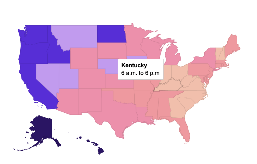 Most states close polls @ 7 or 8 PM.
 
Indiana and Kentucky close @ 6 PM.
Iowa, New York, and North Dakota close @ 9 PM.
 
If you’re in line by closing time, you will be able to vote. But you can’t be late—find your fucking polling.place and go!