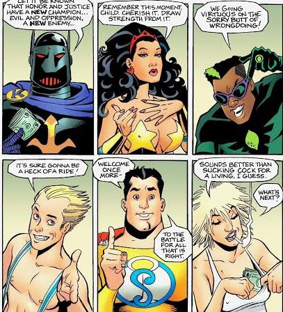 「正義の」ヒーローと戦ったり揶揄したりするいわゆるアンチヒーローコミック、全体的にDCのパロディなんですよね。知名度の問題もあるし、「ラスボス格にスーパーマン」というのが強いし、アベンジャーズは元々欠陥が売りという面もあり、キャラが弱めでイジってもそんなに面白くないからかもしれない https://t.co/5U0QkRDuzX 