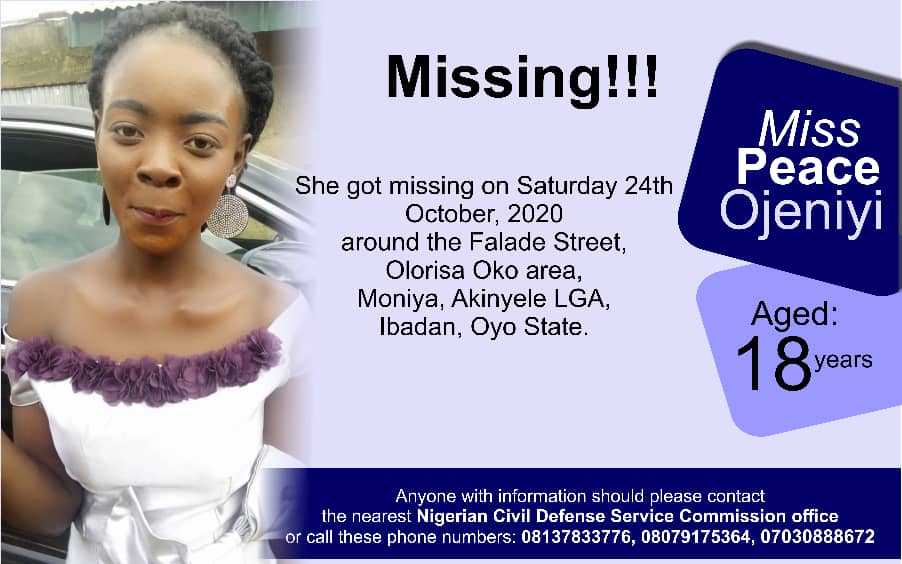 Harbiodinho's tweet photo. Miss Peace Ojeniyi Aged 18 Years Got Missing On Saturday 24th October, 2020 Around The Falade Street, Olorisa Oko Area, Moniya Ibadan, Oyo State.

Kind Call The Numbers If You Got Any Information. Please RETWEET 🙏🏽

#BlackTuesday @connectIBADAN #Sanwolu @Ibadan247 #Desmond https://t.co/XyaruYlfaR