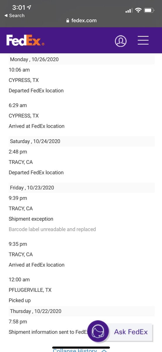 matty_315's tweet photo. @FedEx just look at this tracking info and please tell me logistically HOW this makes sense. From Austin area where I live to CA, back to Houston area and currently in Charlotte 😭😂 https://t.co/dLEyCqVRCq