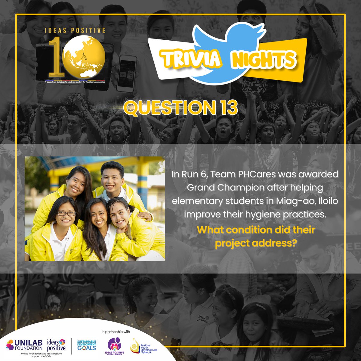 ideaspositive's tweet photo. It's time for #IPTriviaNights Question No. 13!

Alam mo ba ang sagot? Punta na sa Twitter, makisagot, and get the chance to win 300 pesos worth of cellphone load!

#ADecadeOfIdeasPositive #healthierPH https://t.co/XIAEm8deiY