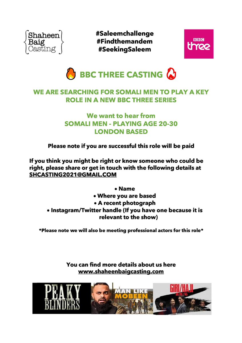 sbaigcasting's tweet photo. #Somali men based in #London we need you! 🔥 

#Casting for a new @bbcthree @BBCThreeCasting series. Please see flyer for all details. 

Please share and spread the word. Thank you! 

#saleemchallenge 
#findthemandem 
#seekingsaleem 

Text version: https://t.co/t4GBbxGscs https://t.co/qwS3TGuAkL