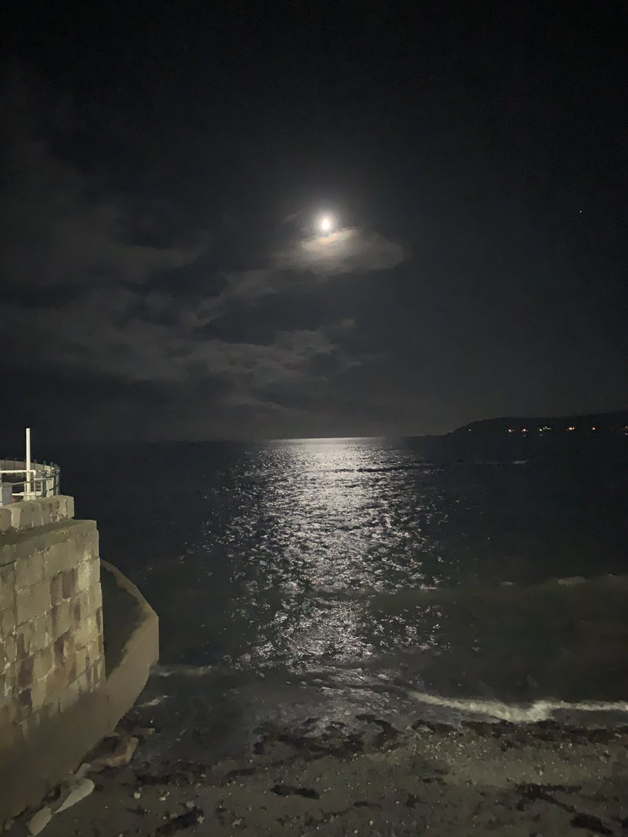 AndieMel's tweet photo. I just love Penzance - always a lovely feeling when you turn that corner and see the crescent shape town in the distance  - caught the moon on Saturday night ! https://t.co/OEqubG81ki