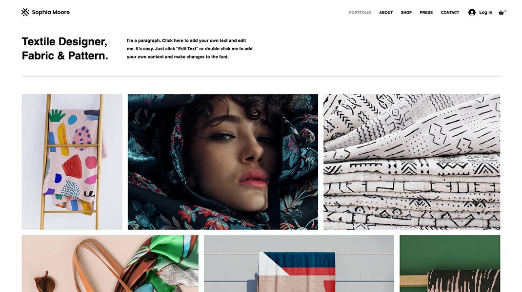 A screenshot of a Wix template for a textile designer website.