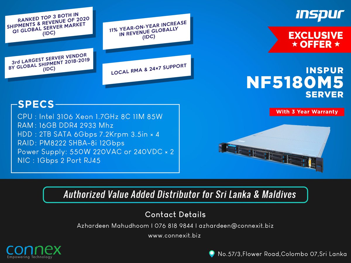 **Exclusive Offer** Inspur NF5180M5 Server

#datacentersolutions #AI #cloudcomputing #bigdata #servers #exclusiveoffer #authorizeddistributor #srilanka #maldives