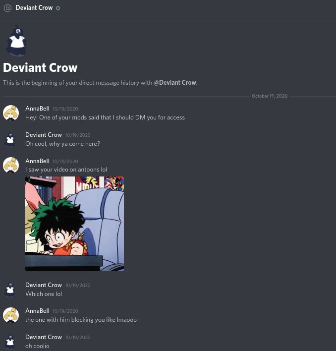 Let's look at the first screencap. Notice something odd? You should because when you usually join her server, you cannot talk to Deviant Crow unless she speaks to you first. Notice that "AnnaBell" speaks first. One pointer to show it's all fake. Another is down below (1/4)