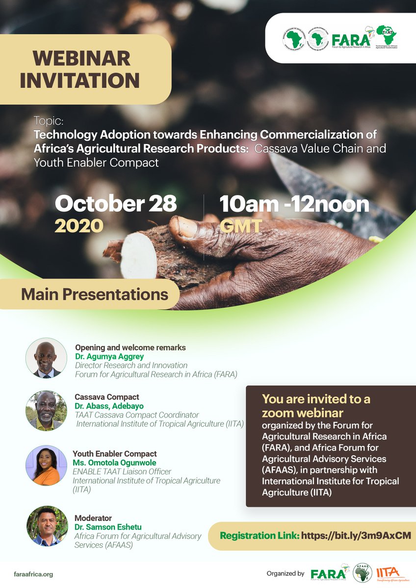 Join the <a href="/FARAinfo/">FARA Africa</a> CDTO webinar series. Let's discuss Youth <a href="/IITAYOUTHAGRIP/">IITA Youth Agrip</a> engagement in agricultural technology commercialization. Be part of the conversation.