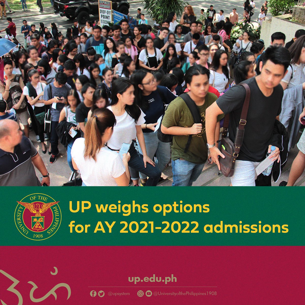 upsystem's tweet photo. In light of the COVID-19 pandemic, the University of the Philippines is deliberating over a set of five options with regard to the UPCAT and freshmen admission for AY 2021-2022.

Read more here: https://t.co/Ek8KaG1zmr https://t.co/EhM4Xn3dXp