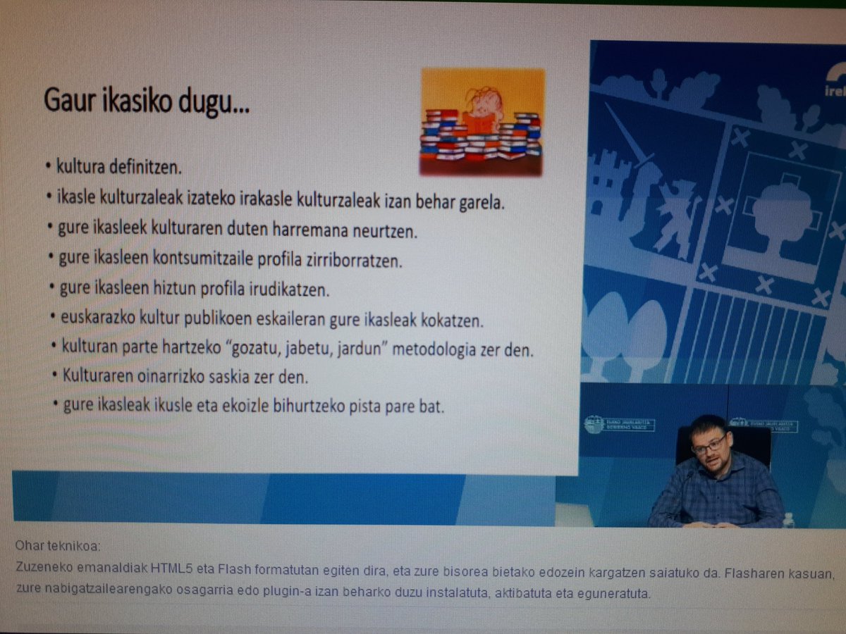 HNDonostia's tweet photo. Eskola Hiztun Bilan Xabi Paya "Ikaslea, ikusle, ekoizle" hitzaldiarekin.
Hasieran "irakaslea ez bada kulturzale, nekez izango da ikaslea kulturzala" dio, ea nola jarraitzen duen.
#ehb2020
#kulturaeskolanbizi https://t.co/xOsKn1g269