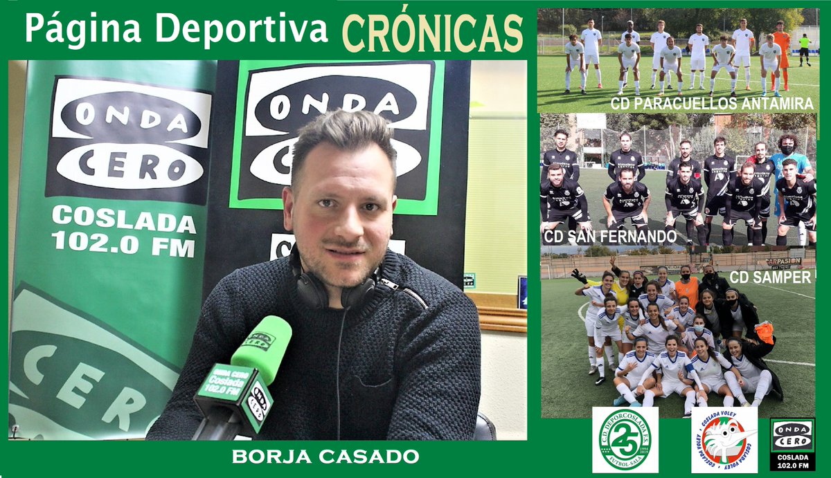 DEPORTES "PÁGINA DEPORTIVA"
<a href="/BorjaCasado/">Borja Casado</a> hace crónica y .....de los equipos
<a href="/CD_Paracuellos/">la verdad del deporte</a> Antamira @CDSanFernando1 
<a href="/cdsamper/">C.D. Samper</a> #Coslada, <a href="/DeporcosladaFS/">CD DEPORCOSLADA FS</a>, 
<a href="/voleibolcoslada/">Coslada Voley</a> y..   
Enlace
facebook.com/watch/?v=39640…

Onda Cero Coslada 102.0 FM
