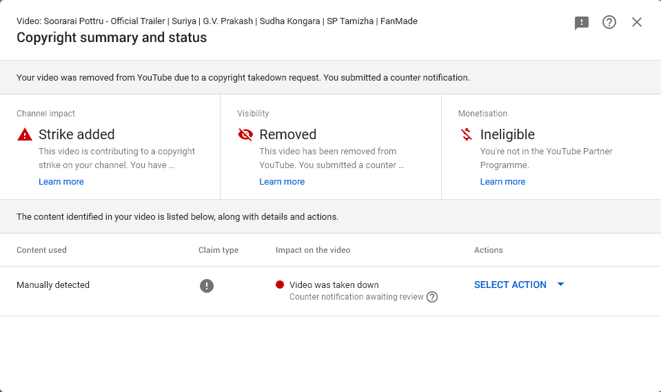 SP_Tamizha_'s tweet photo. #VideoBlocked #CopyrightStrike
Why Manually Now ?🤷♂️ @2D_ENTPVTLTD
@Suriya_offl
After Reaching 30K+Views 📊 In YouTube...
Its Just A Fanmade Trailer (Already Mention In Video title And Description)
We Did Not Earned Any Commercials💯
#SooraraiPottruTrailer
#removecopyrightstrike https://t.co/rtoL1VDycN