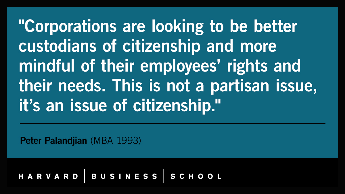 With one week before #Election2020, learn more about Peter @PeterPalandjian's (MBA 1993) @aDayForDemocrcy initiative, the importance of #voting, and the role companies can play in #democracy: https://t.co/IlXy8LzKyS #HBSVotes https://t.co/9jdpDX65Nw