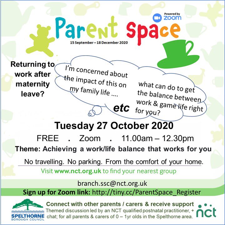 NCT_SSC's tweet photo. You can still register for your FREE place on Parent Space TODAY, from 11:00-12:30. 

Achieving a work/life balance that works for you

Discuss &amp; share tips with other parents, facilitated by an NCT practitioner.

Register here - https://t.co/5zasVWI9CZ https://t.co/jv7mngMfwZ