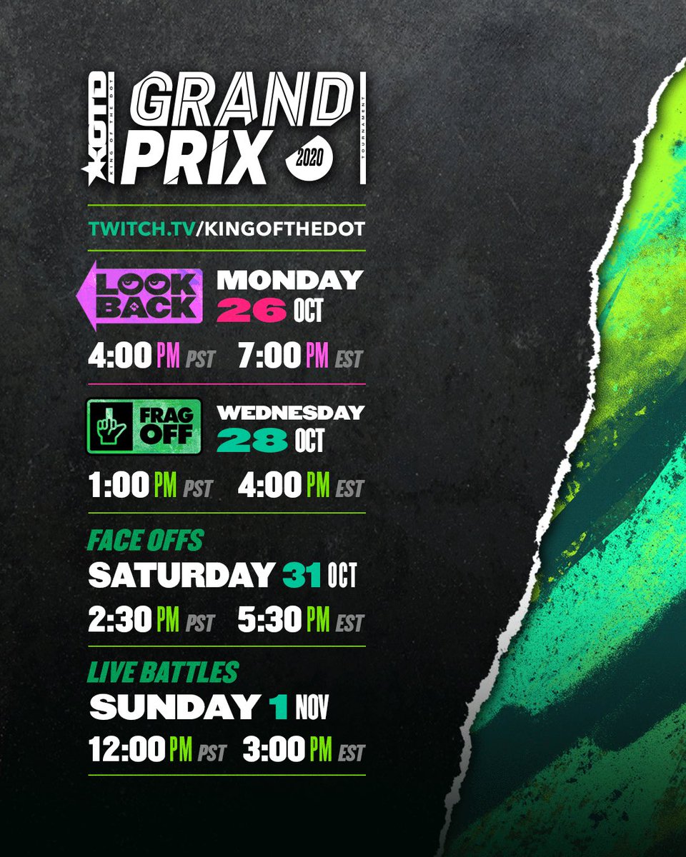 KingOfTheDot's tweet photo. ‼️ WEEKLY PROGRAMMING ‼️
MONDAY
#LOOKBACK
4:00pm PST / 7:00pm EST
WEDNESDAY
#FRAGOFF 🖕
1:00pm PST / 4:00pm EST
SATURDAY
Live #FACEOFFS 2:30pm PST / 5:30pm EST
SUNDAY
🏆🏁 #KOTDGRANDPRIX 🏆🏁
12:00pm PST / 3:00pm EST
ONLY on @twitch - https://t.co/zhvkx1FLa4 https://t.co/yVyQnHJLcF