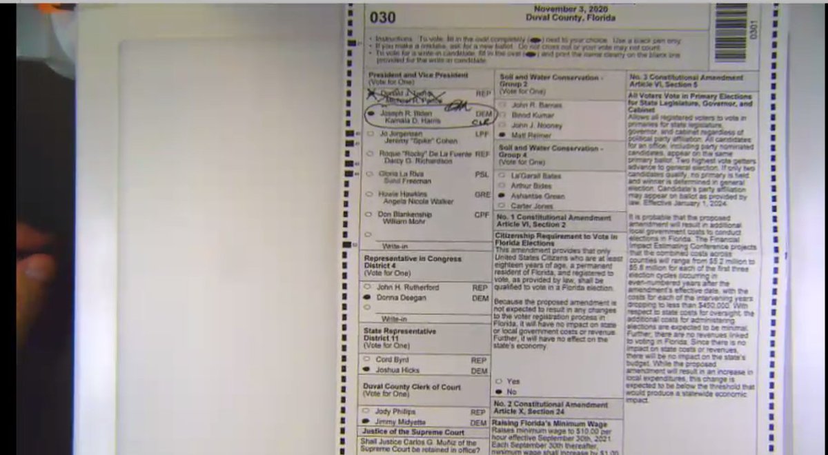 This is a valid vote for Biden. Someone filled in Trump, but then marked it out clearly and voted for Biden, the board ruled.