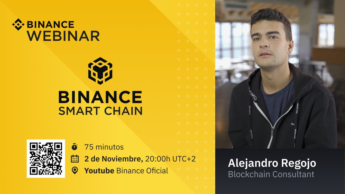 📢 ¡Webinar sobre la #Binance Smart Chain #BSC en español!

🔸 YT youtube.com/watch?v=9mG7i3… 

🕖 Hora:
🇪🇸 20h
🇦🇷 16h
🇨🇱 16h
🇻🇪 15h
🇨🇴 14h
🇲🇽 13h

Con <a href="/AlejandroRegojo/">J. Alejandro Regojo</a> 

🥳 ¡Sorteo de 600$! ¿Cómo participar?
- Envía tus preguntas forms.gle/7doNwgh5KEavXY… 
- RT + Like este tweet #BNB