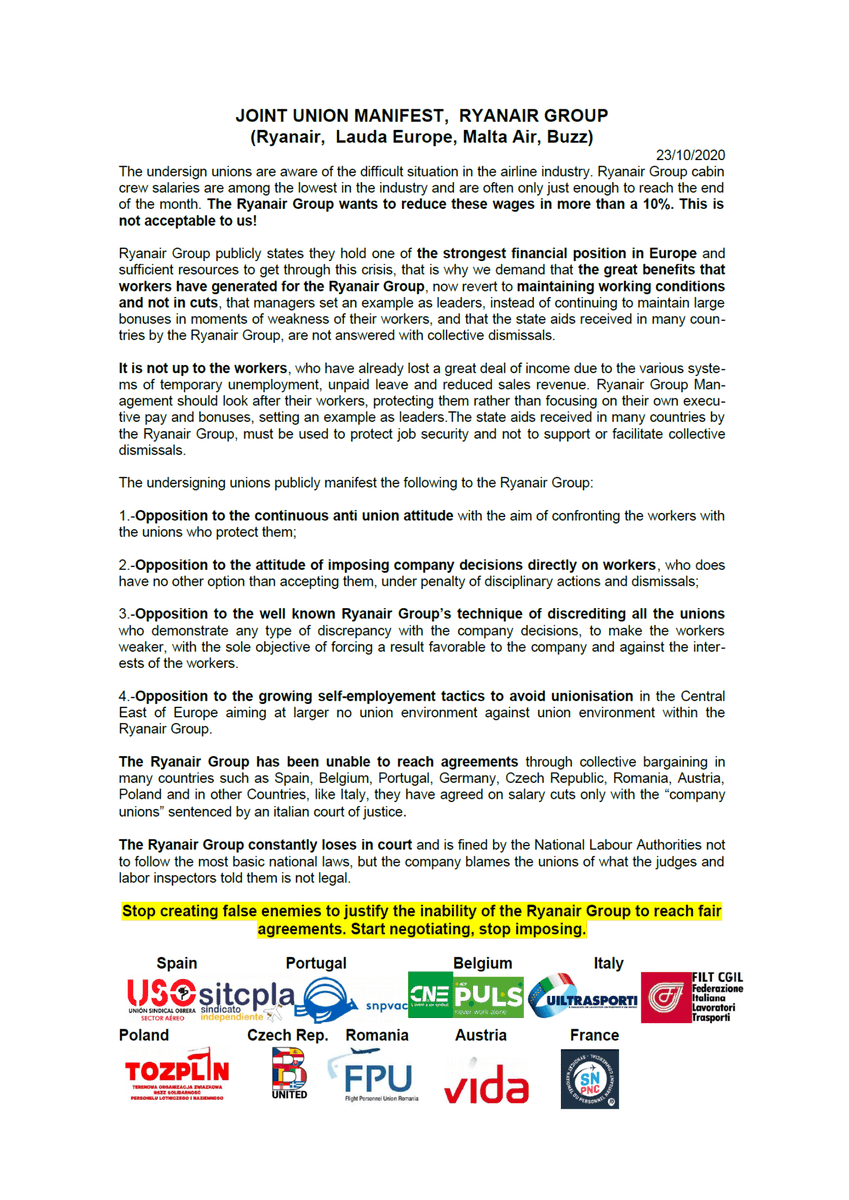 BUnited_buzz's tweet photo. B.United undersigns the Joint Union Manifest from unions in the Ryanair Group.

At the same time, we address this message to the company to get finally recognition and open a channel of communication. https://t.co/rtoihPfAEG