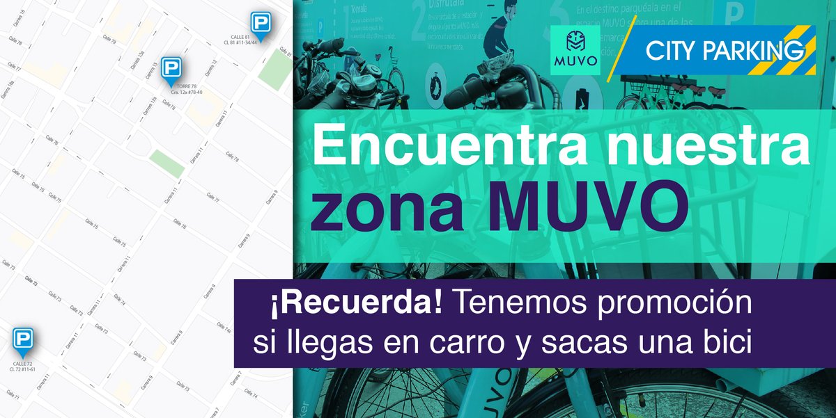 Tarifa plena para carro 🚗 en 💰 $10.000 en los parqueaderos en donde tenemos <a href="/muvobike/">MUVO⚡</a> 

En esta zona encontrarás ⬇️
📍 Cra 11 #84-50
📍 Cra. 12a #78-40
📍 Cl. 72 #11-61

⚠️ Ubica tu parqueadero en la #CityParkingApp en 🍎 apple.co/2CAflF2 🤖 bit.ly/2Bxm81G