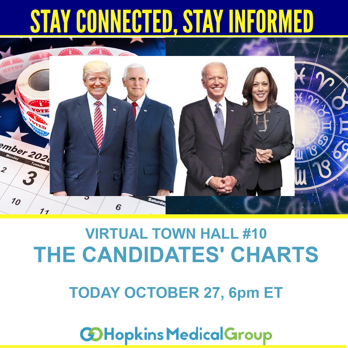 HopkinsMedGroup's tweet photo. The RSVPs to tonight's virtual Town Hall have been tremendous! Join us at 6pm ET tonight when acclaimed astrologer @LeslieMcGuirk reveals what she sees in the candidates' charts about what it says about their personalities. https://t.co/auAQ3ftsfU https://t.co/wvngDwgjH1