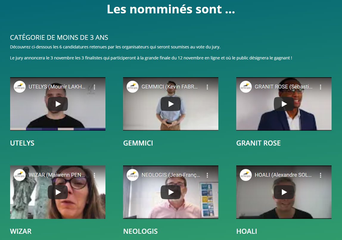 🏆Les 6 projets présélectionnés pour le concours de pitch (catégorie - de 3 ans) sont...
Le jury d'expert a jusqu'au 3/11 pour sélectionner les 3 d'entre eux qui participeront à la grande finale.

Découvrez jusqu'au 3/11 leurs vidéos et leurs solutions 👉 bit.ly/3kuka2U